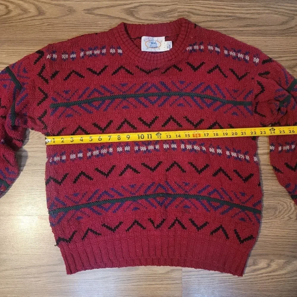 Red and Black Crewneck Sweater with Geometric Patterns